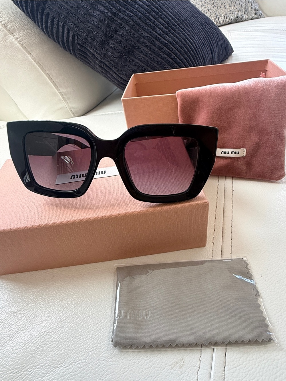 Miu Miu Black Square Sunglasses with Pink Lenses